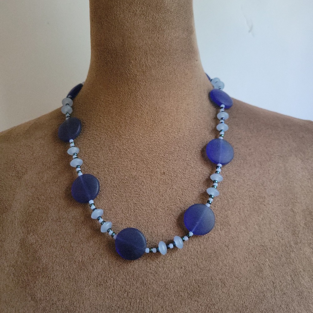 Blue Frosted Sea Glass Style Beaded Statement Necklace 18 Inch